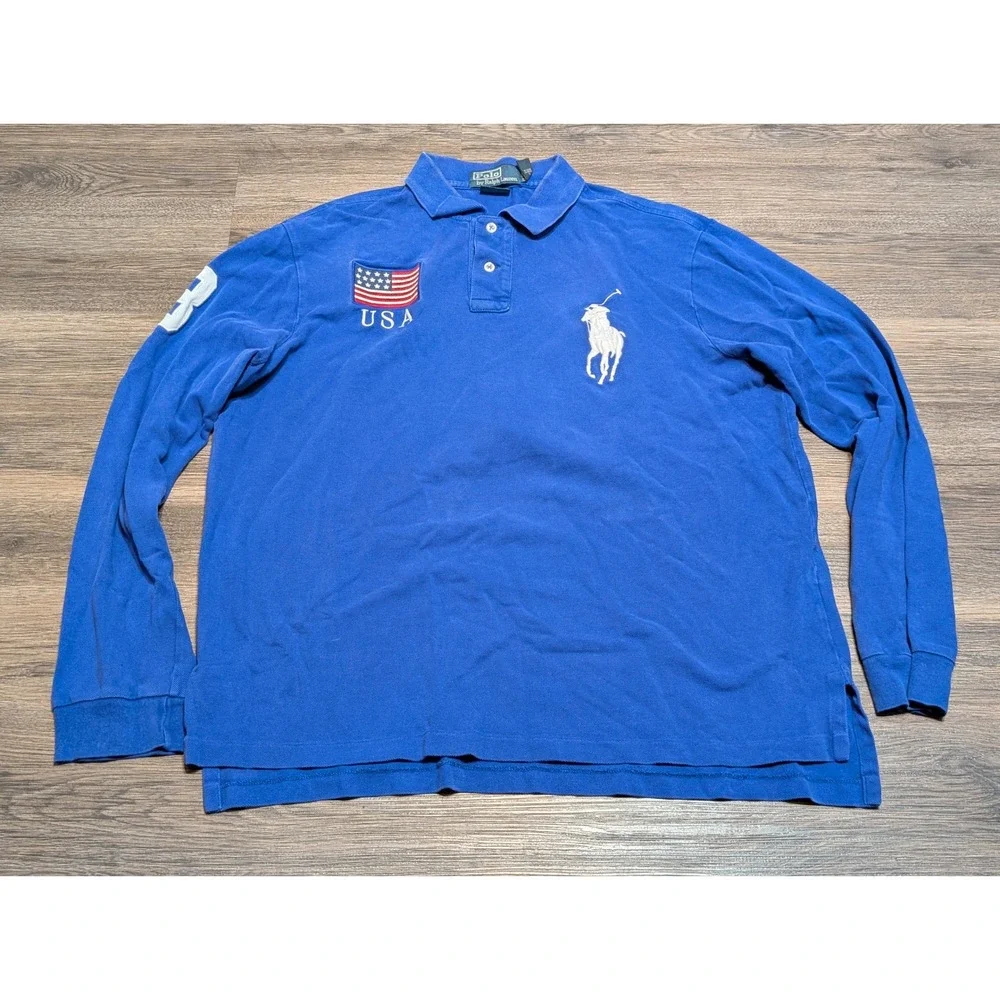 Polo Ralph Lauren Mens XL Custom Fit Long Sleeve Big Pony USA‎ Flag Polo READ